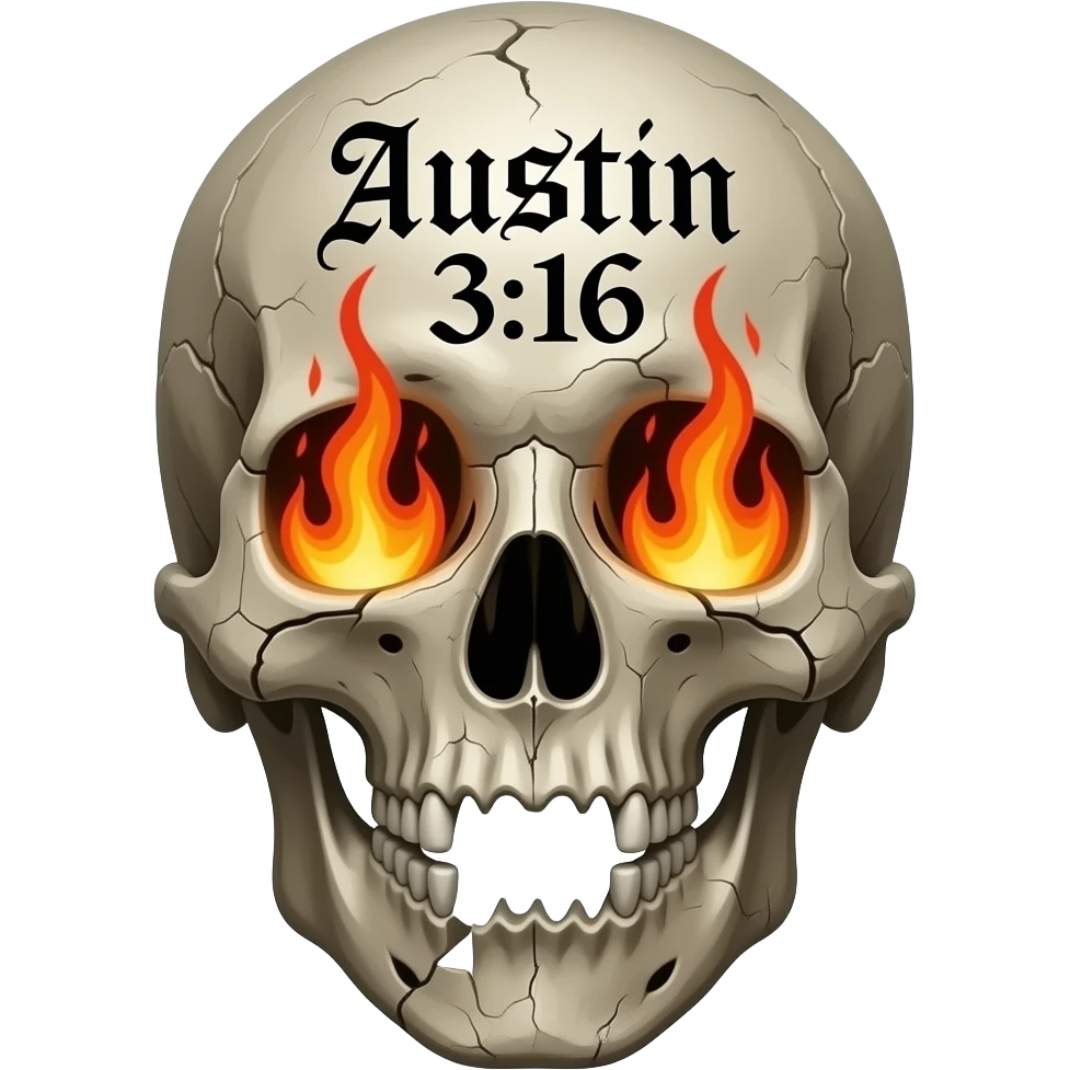 human skull with jaw, aged, dried, the words Austin 3:16 in black ink, eye socket, and nose cavity need flames, words carved into its forehead in a Gothic font, show cracks, weathering, pieces missing, true flames needs to come out of the eye sockets, word and numbers need to be stacked emoji
