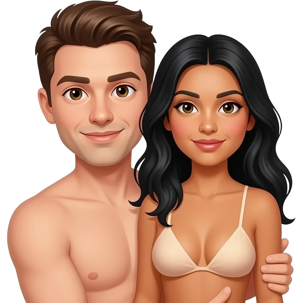 A white man with brown hair holding and a Hispanic woman with black hair they are both nude emoji
