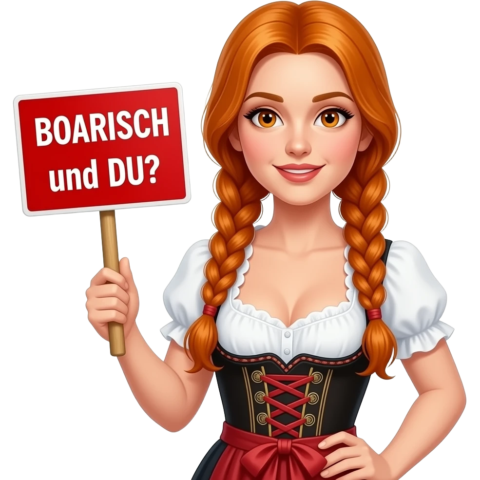 sexy girl with overlong ginger hair in braids and ginger eyes wearing a dirndl holding a I red BOARISCH und DU? sign emoji