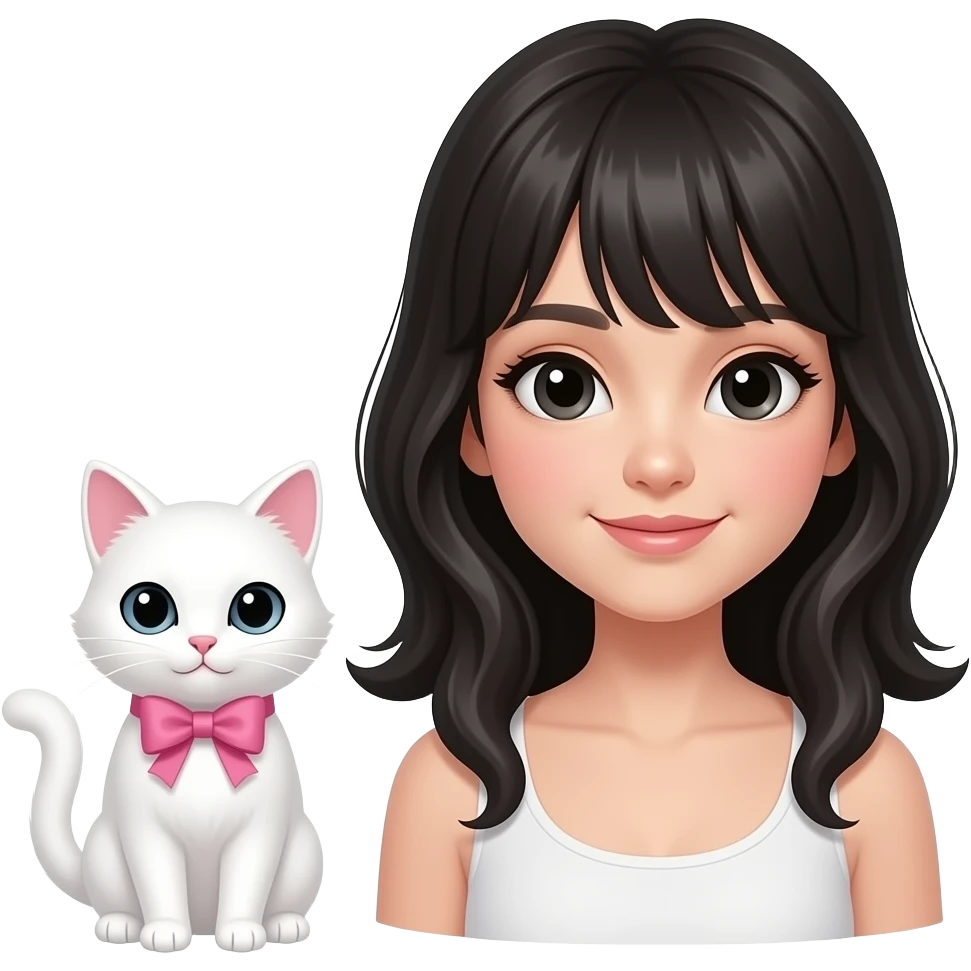 a white girly cat with a pink bow, with a cute black hair lady emoji