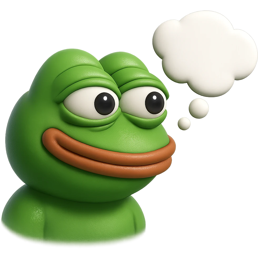 make a pepe in bright green smiling with thought bubble looking at left side in 3d style, good highlights and shadows, drop shadows emoji