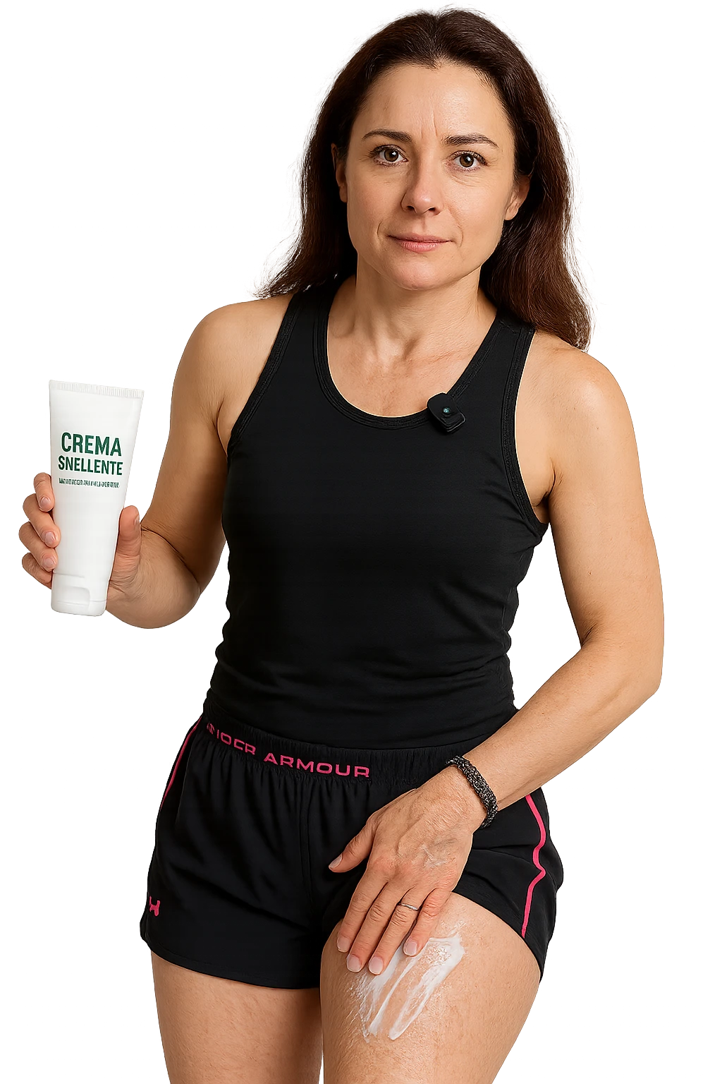 Donna con cellulite sulle cosce che usa una crema chiamata "Crema snellente" senza mano in alto emoji