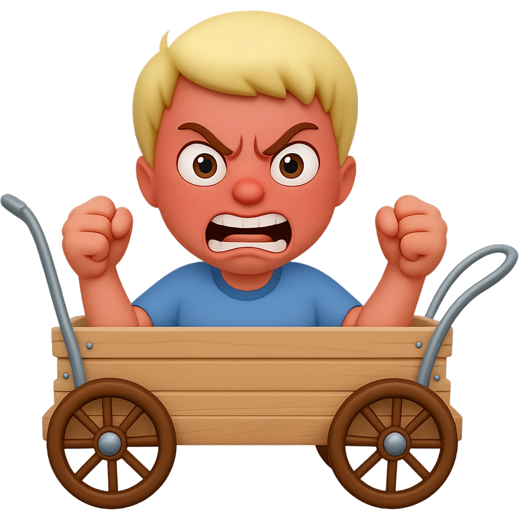 Make the silly character riding the wagon look angrier with an exaggerated angry face and clenched fists, but keep it funny. Preserve transparent background. emoji