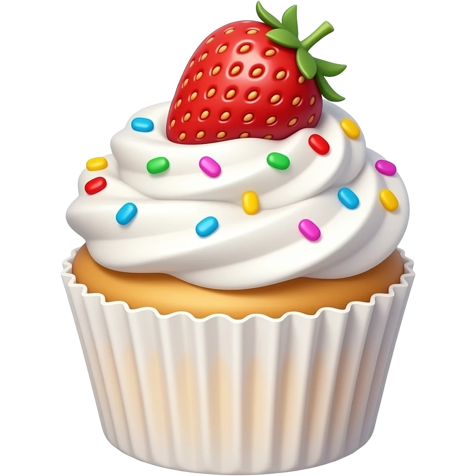 A super cute cupcake with fluffy white whipped cream, rainbow sprinkles, and a whole strawberry clearly placed on top of the cream (not embedded, not covered), fully visible strawberry, kawaii style, soft pastel colors, round shapes, smooth texture, emoji design, minimal background emoji