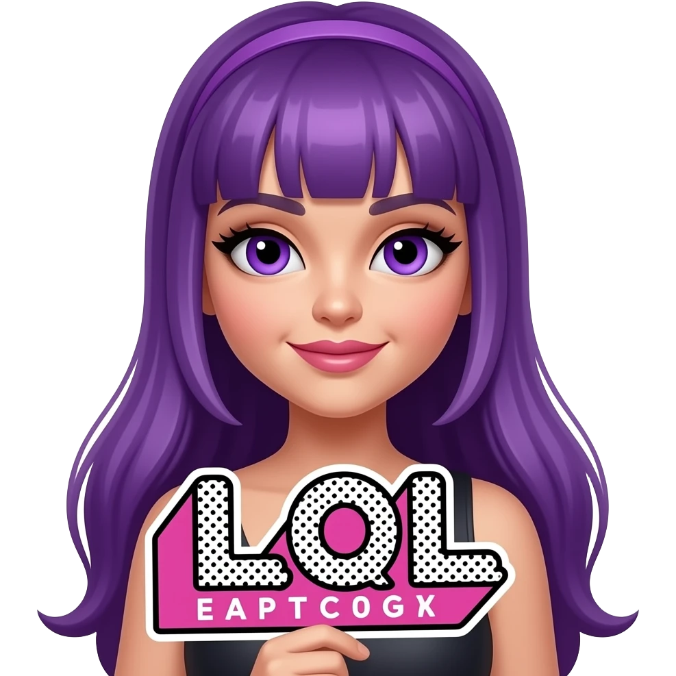 sexy girl with long purple hair and purple eyes holding a L O L sign emoji