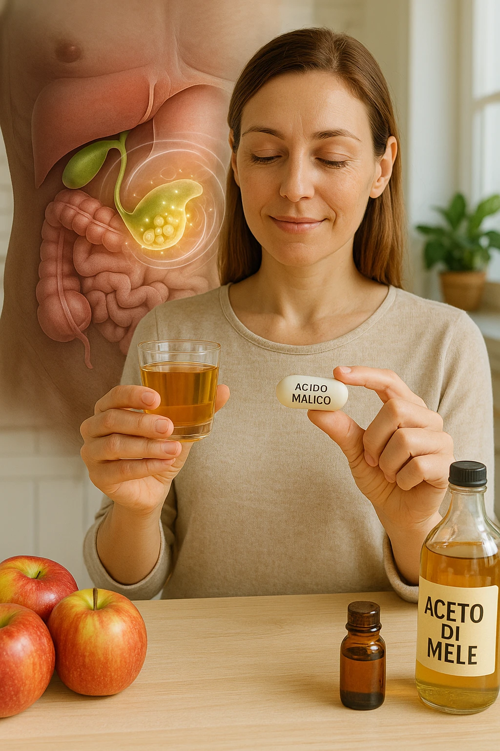 A detailed, realistic illustration or photo-style image showing a person holding a small glass of apple cider vinegar in one hand and a capsule labeled ‘Acido Malico’ in the other. In the foreground or as an overlay, a semi-transparent anatomical view of the abdomen highlights the gallbladder with visible small gallstones inside. Around the gallstones, gentle glowing waves or soft dissolving effects symbolize the softening or breakdown of the stones due to the natural acids. The person looks hopeful and calm, in a bright kitchen setting with fresh apples and natural health products on the counter. The overall mood is informative, natural, and hopeful about non-invasive, natural support for gallstone health in italiano emoji