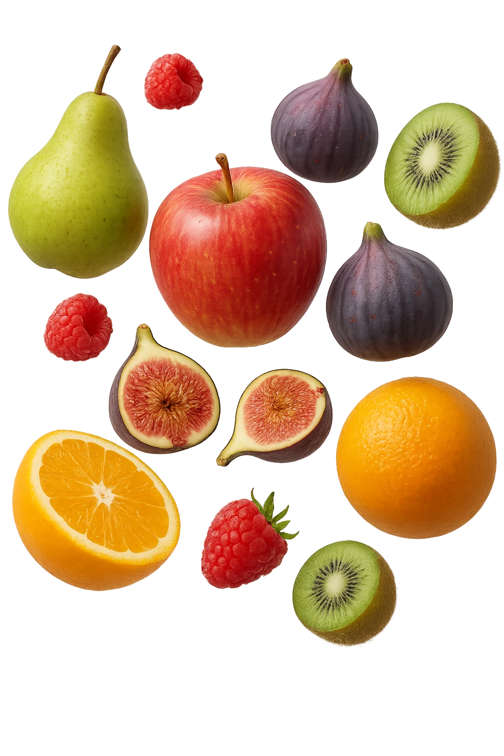 Pere, mele, lamponi, fichi, kiwi, arance FLUTTUANO IN ARIA, IPERREALISTICO 4K emoji