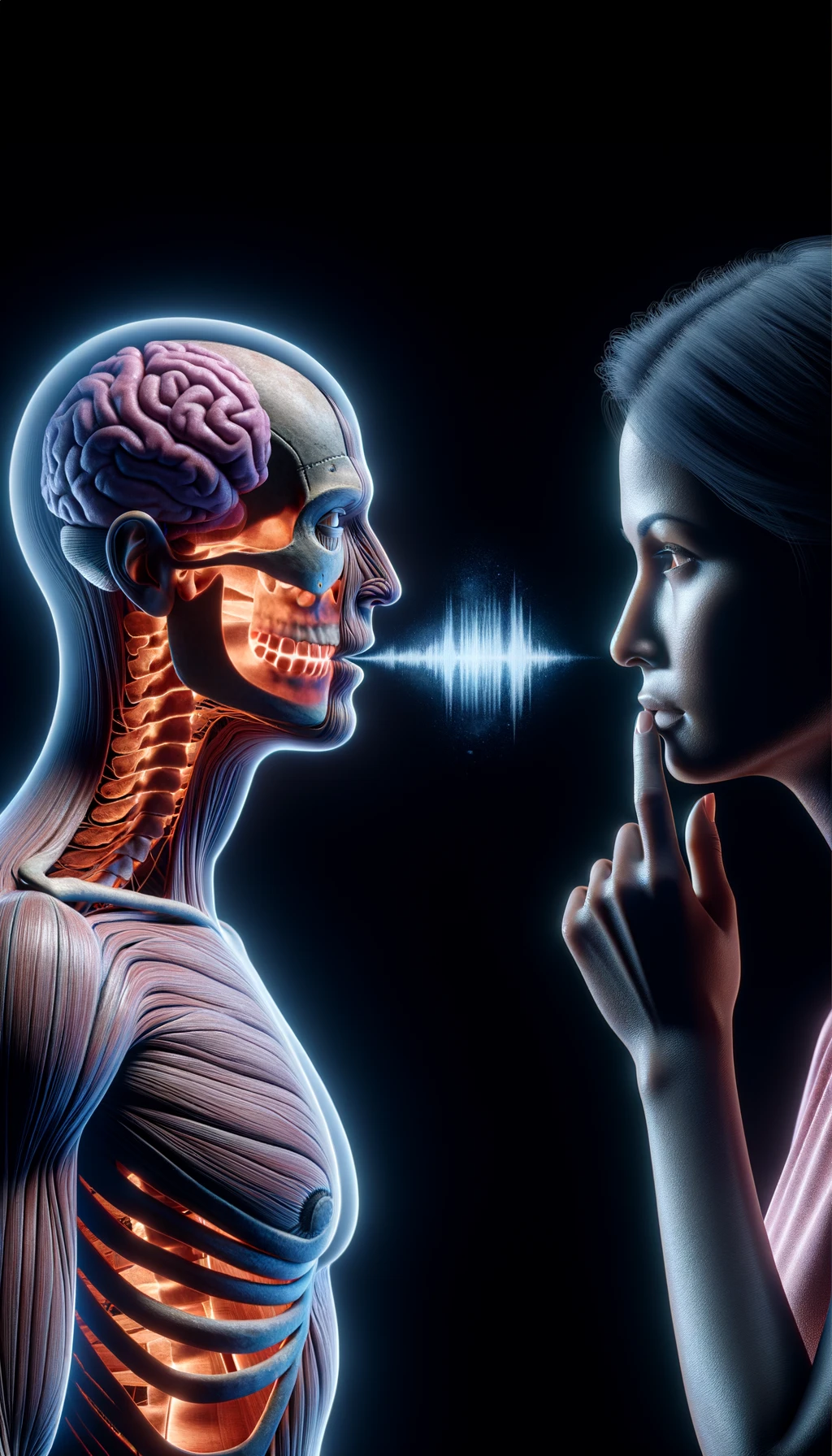 corpo umano anatomico che parla ma sopra di lui c'è il muto, un altra persona lo ascolta, immagine iperrealistica 4k emoji