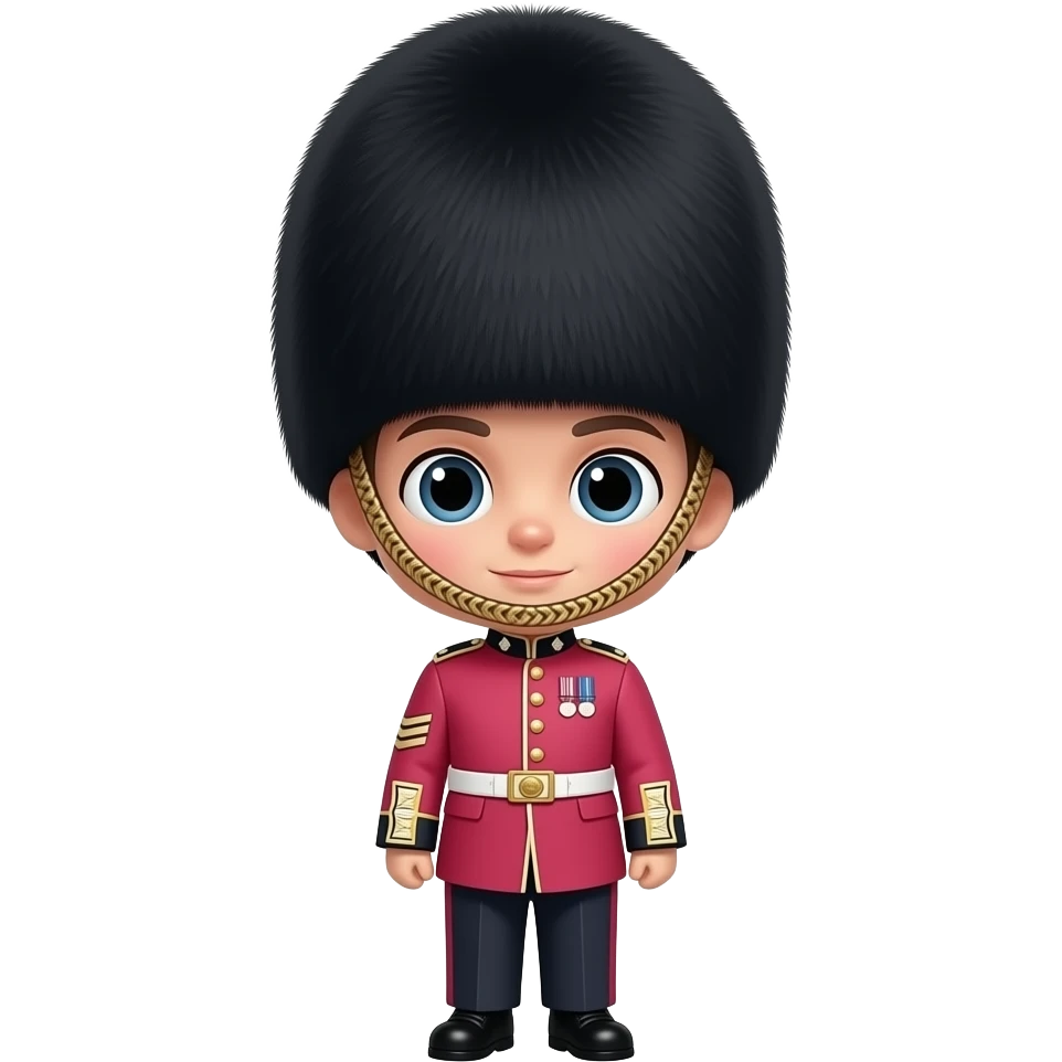 Cute Fashion inspired British royal guard, isolated, centered, no background, tailored blush pink ceremonial coat, gold buttons, Long black hat, elegant London luxury aesthetic emoji