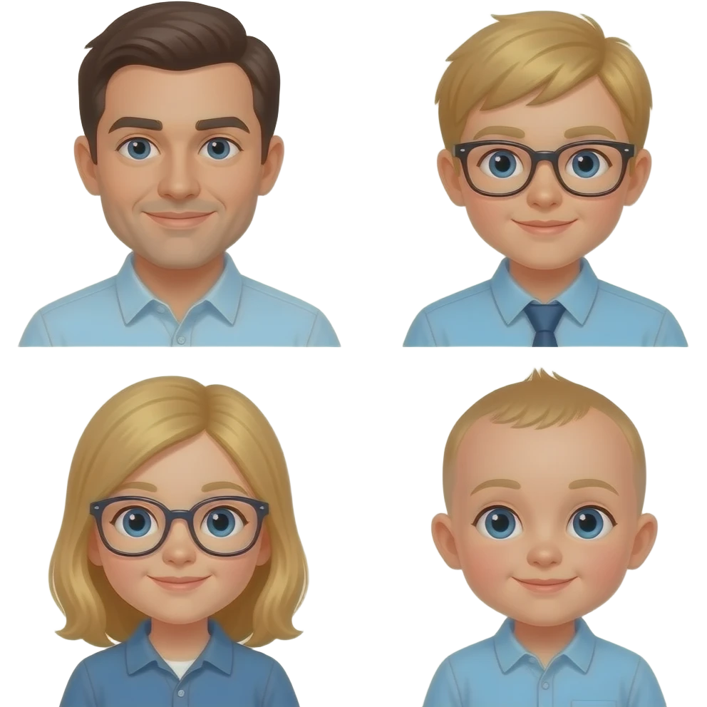 Tall dark haired husband, shorter long blonde haired mum, 10 year old blonde boy with glasses, 7 year old blonde girl with glasses, baby boy emoji