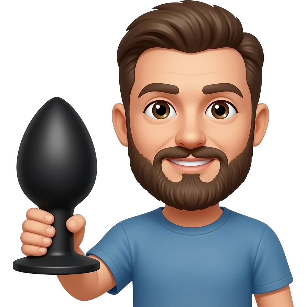 Bearded man holding a large black anal plug emoji