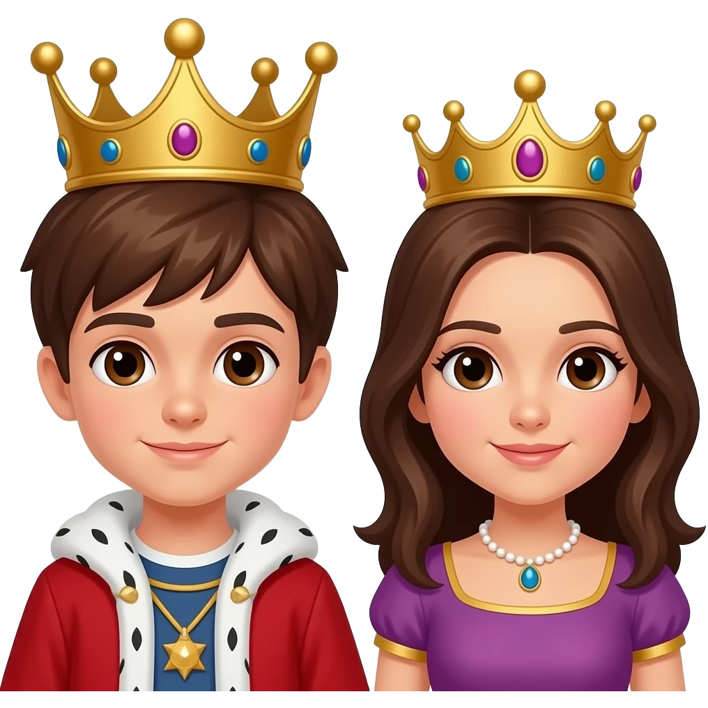 An emoji of a brown haired boy with eyes and beige skin and a girl with dark brown hair brown eyes and beige skin with 2 crowns as king and queen emoji