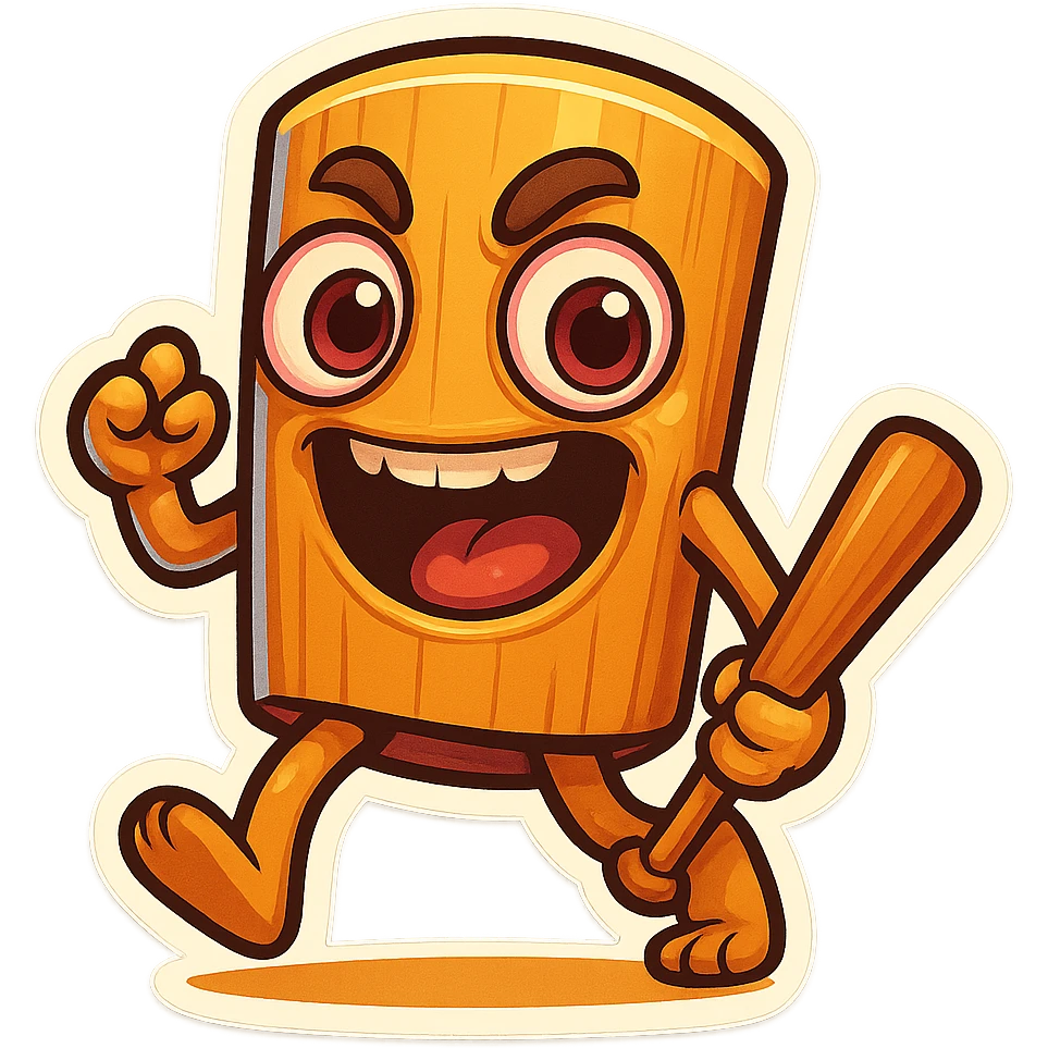  image of absurd wooden stick-man creature, drum-like cylindrical body, holding baseball bat, cartoon style, bright vivid colors, expressive face, dynamic pose, a bit creepy yet funny,  emoji