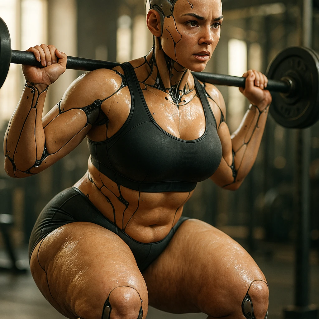 hyper realistic 4K gynoid woman training, fat on legs and thighs, muscular details, motivational atmosphere emoji