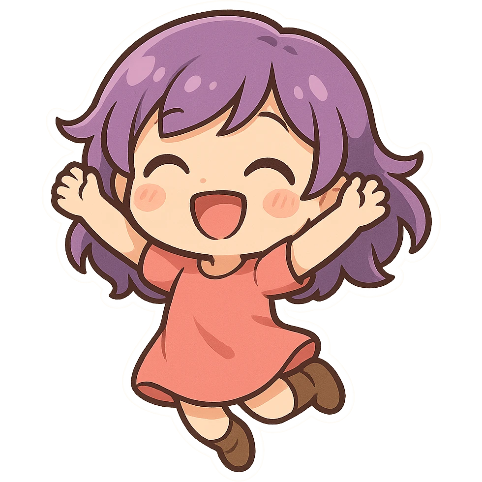 chibi girl with purple hair, jumping, cute chibi stickers illustration style emoji