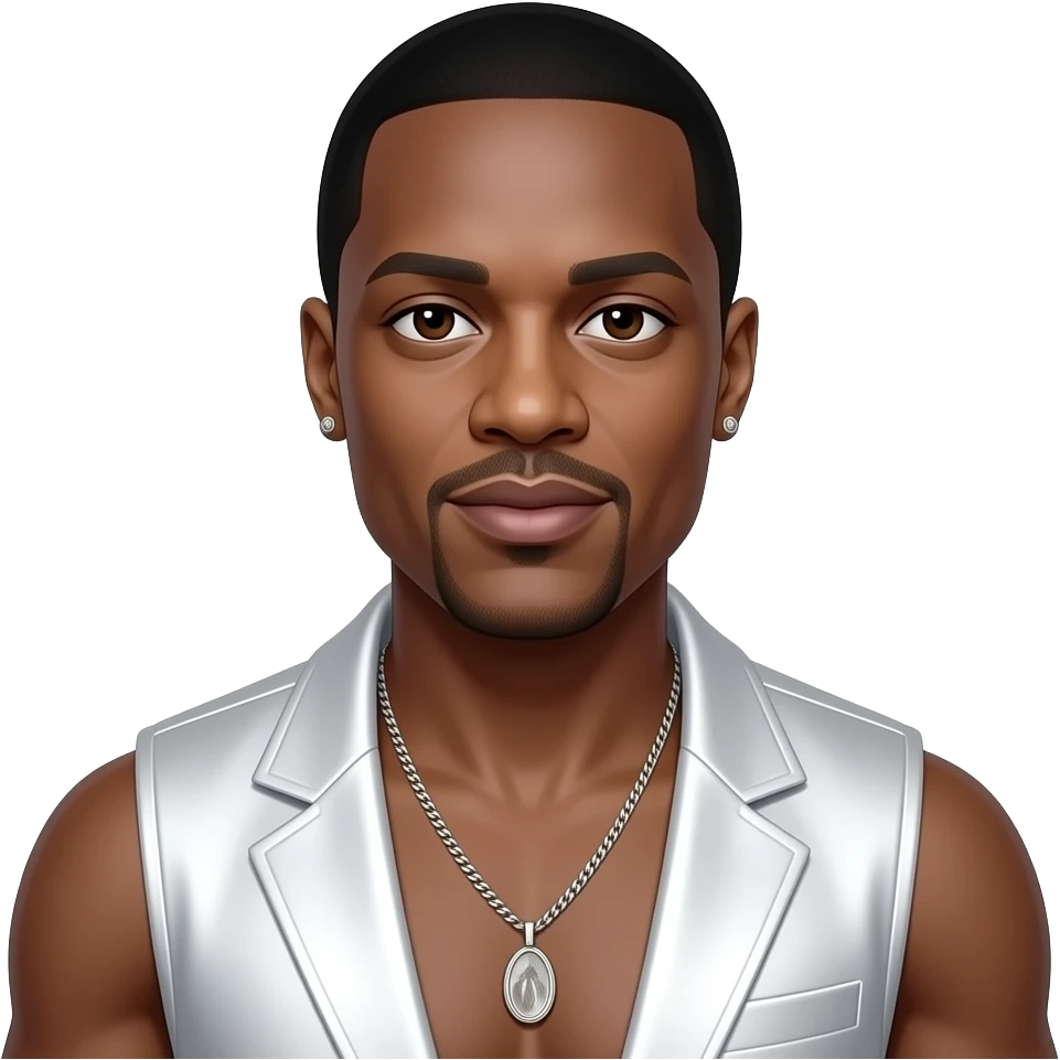 P Diddy with dark brown eyes, black hair, white metallic vest, shirtless with necklace and earrings emoji