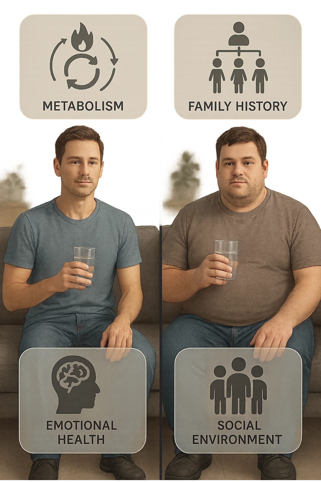 a split illustration showing two individuals with similar lifestyles but different body types. Around them, transparent overlays display factors such as metabolism, family history, emotional health, and social environment, highlighting the complexity behind body weight differences. The background is neutral and modern. realistica emoji