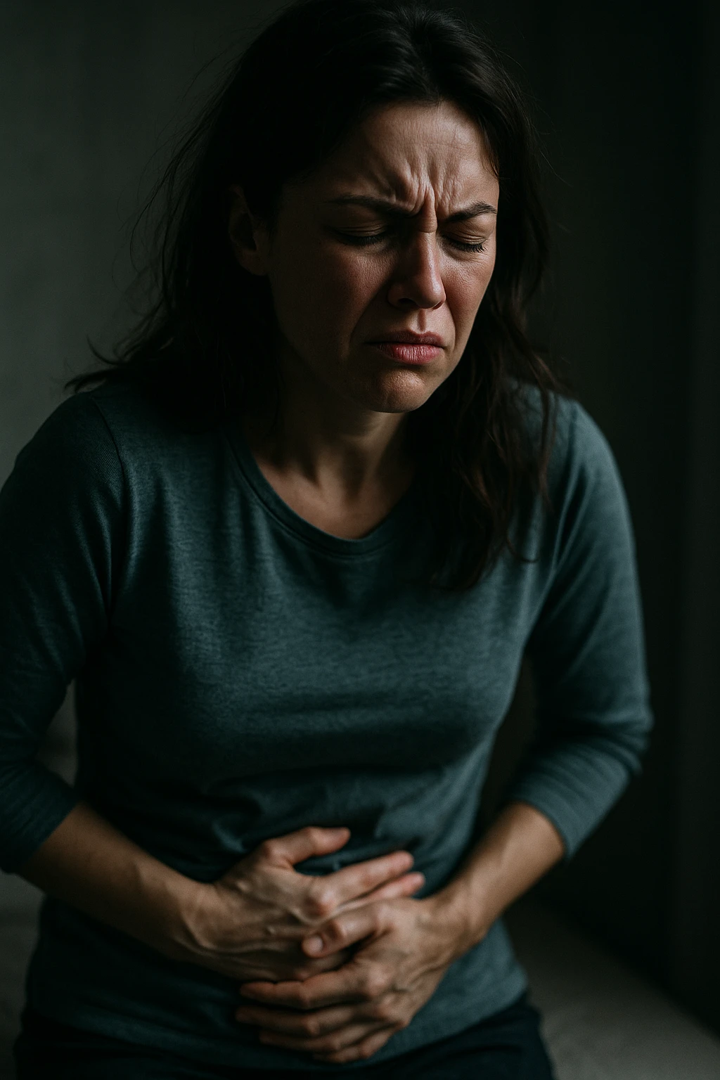 realistic and cinematic image of a woman with evident symptoms of premenstrual syndrome, severe abdominal cramps and irritability, suffering expression, clinical dramatic lighting, no text, vertical format 2:3 emoji