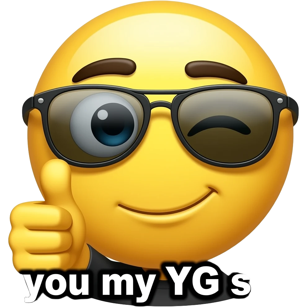 Make a yellow wink face emoji with sunglasses with a thumbs up and says you my YG still but make it gangsta emoji