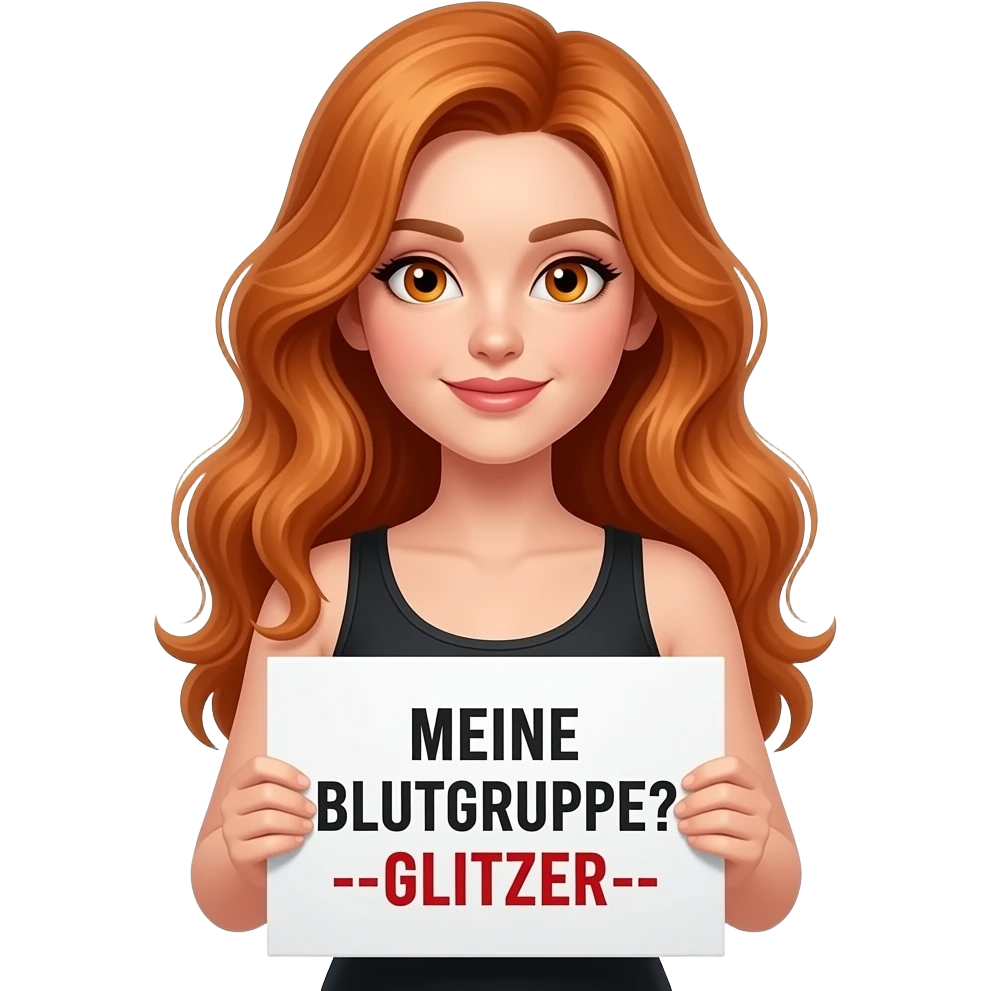 sexy girl with long wavy ginger hair and ginger eyes wearing a black tanktop is holding a white sign with MEINE BLUTGRUPPE? --GLITZER-- written on it emoji