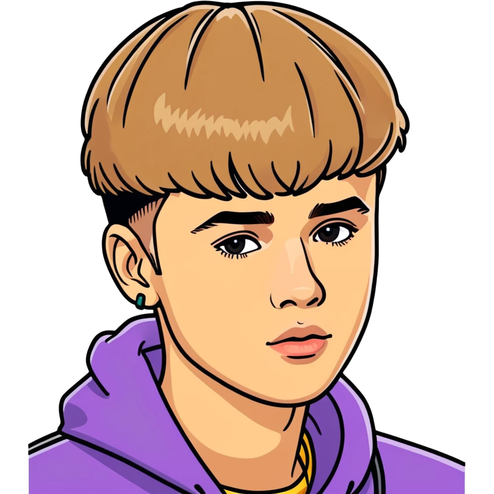 2023 Justin bieber,  canadian celebrity, singer & musician , hyperrealistic, mirco-detailed, colorful and real life colors, still life, portrait sticker design
 Must be 8k hd, 8000x8000px resolution. Must use very thin transparent smooth lines emoji