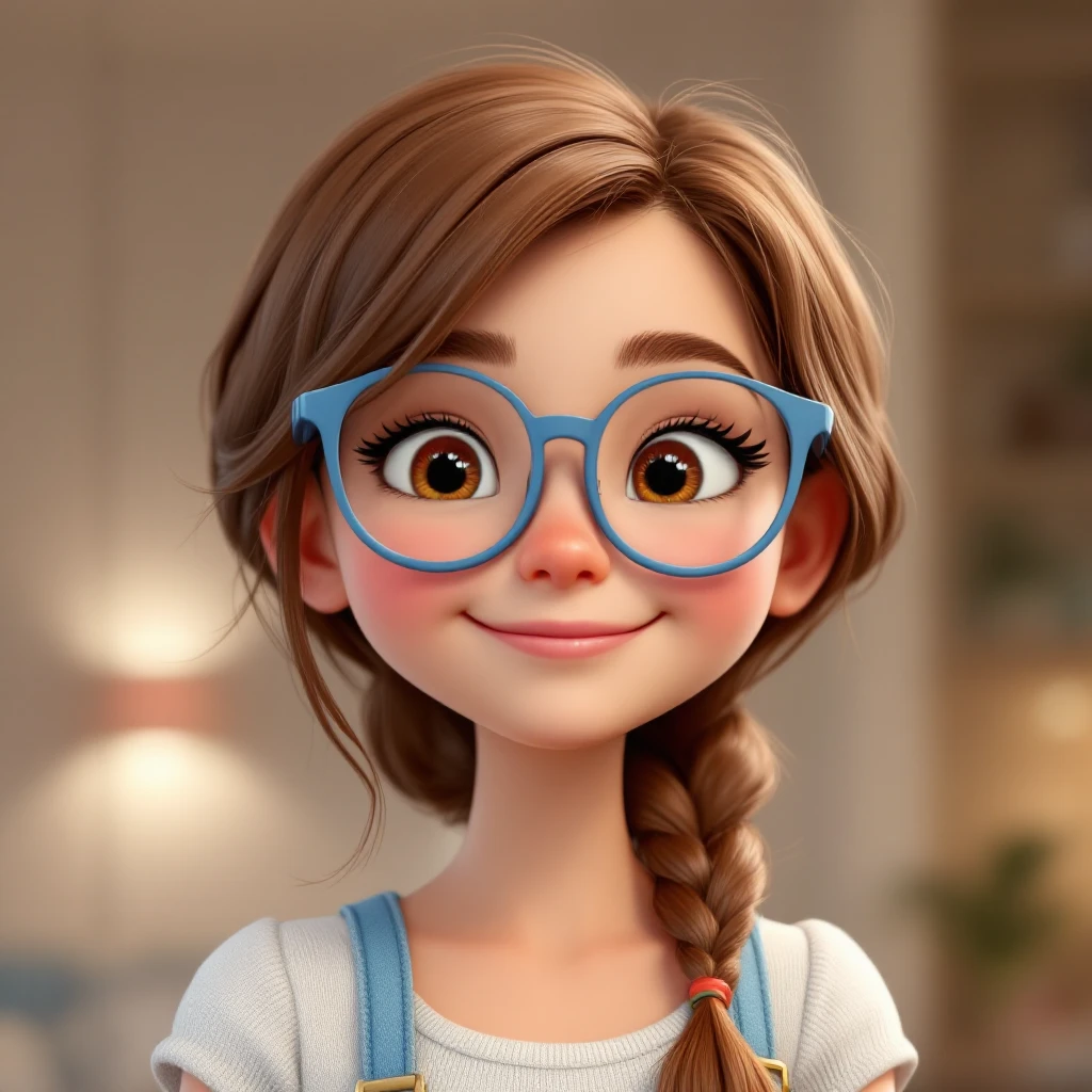3D Disney style character of a girl with brown hair in a braid, blue glasses, happy expression, referencing the provided image emoji