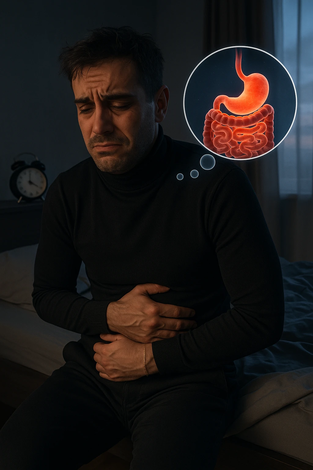 a tired-looking man sits on the edge of his bed at dawn, holding his stomach with a pained expression. Dark circles under his eyes and a messy bed indicate poor sleep. In the background, a clock shows early morning hours, and a thought bubble or overlay highlights digestive organs, emphasizing intestinal discomfort linked to sleep deprivation. emoji