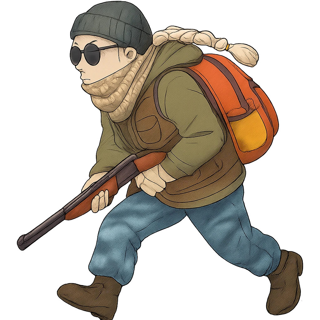 1 female, long white braid, knit cap, dark sunglasses, shemegh neckwrap, fishing vest, vibrant shool backpack, drab hoodie, handwraps, blue camo pants, Blaser Bbf-95, hunched over, on the move emoji