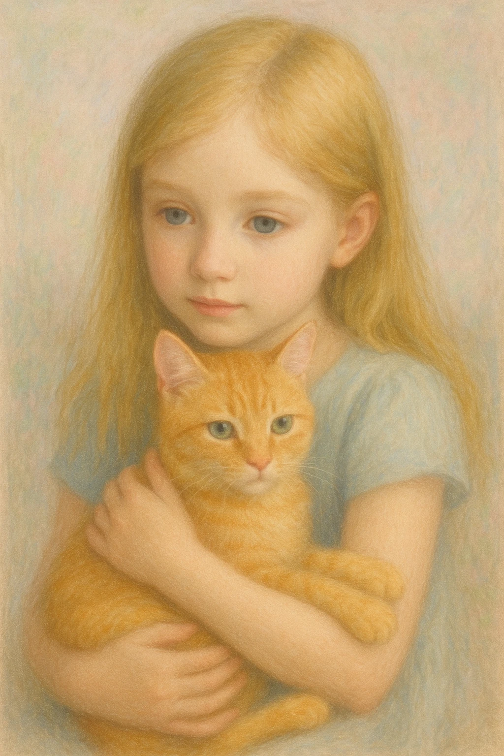 a blonde girl with blue eyes holding an orange tabby cat, soft pastel colors emoji