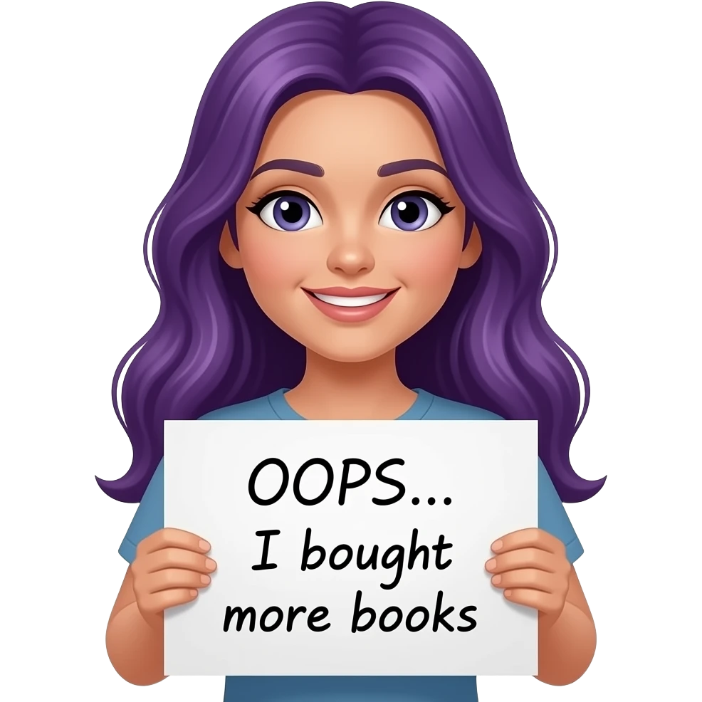sexy girl with long purple hair holding a OOPS... I bought more BOOKS sign emoji