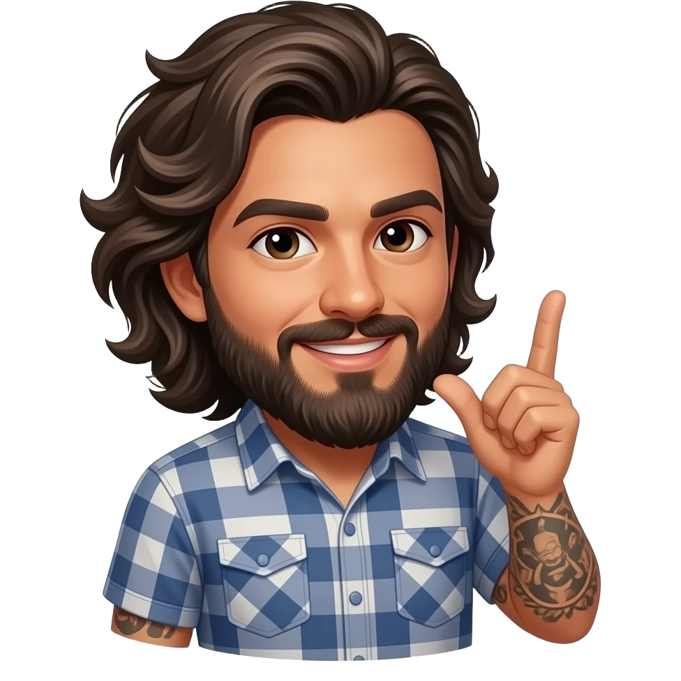 Kawaii style Handsome Latino, man with medium length hair and tattoos with a long beard  with a text cloud saying you’ll never know emoji