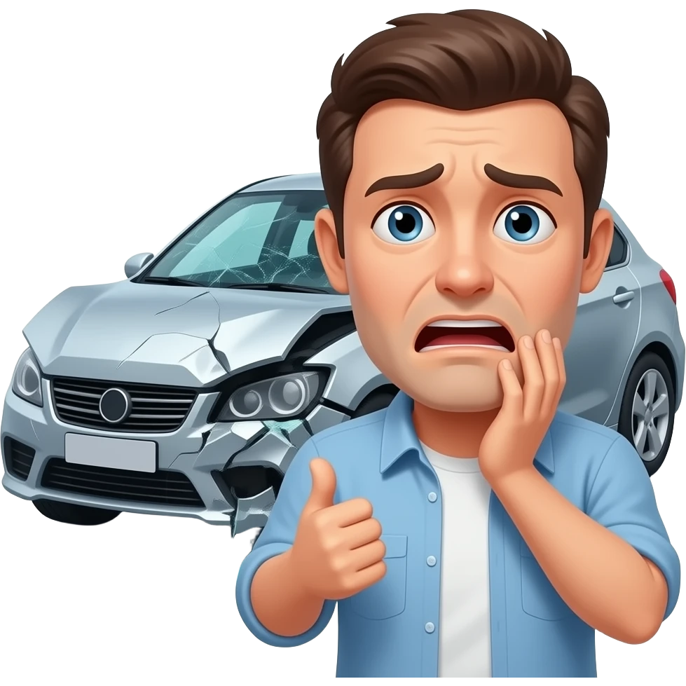 man in front of crashed car embarrased emoji