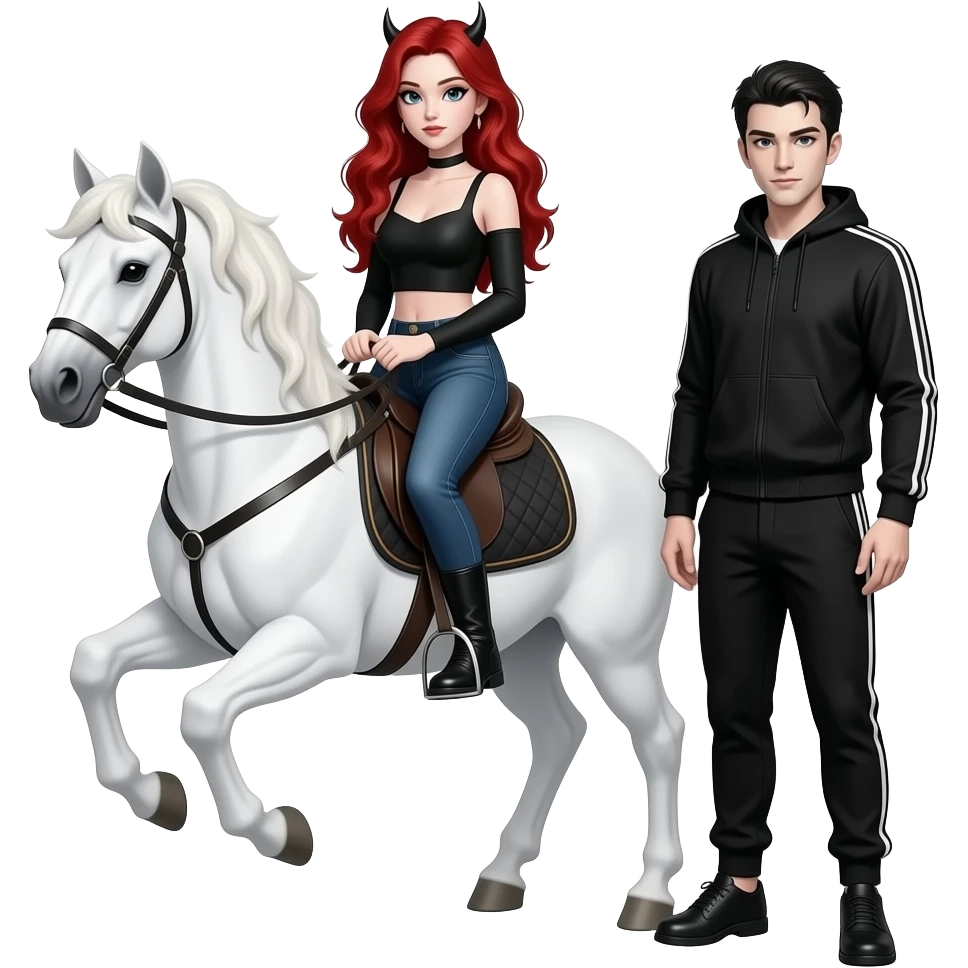 Vampiro adolescente femmina con pelle bianca e capelli rosso ondulati lunghi che indossa dei jeans neri a zampa d' elefante e un top stretto con le maniche lunghe stile militare con suo fratello VAMPIRO maschio con la pelle bianca e una tuta da ginnastica nera che cavalcano insieme un pegaso emoji