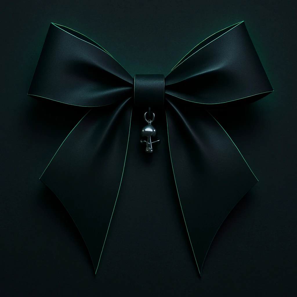 minimalist goth bow, matte neon black, sharp edges, small silver charm, modern dark aesthetic, neon goth palette emoji