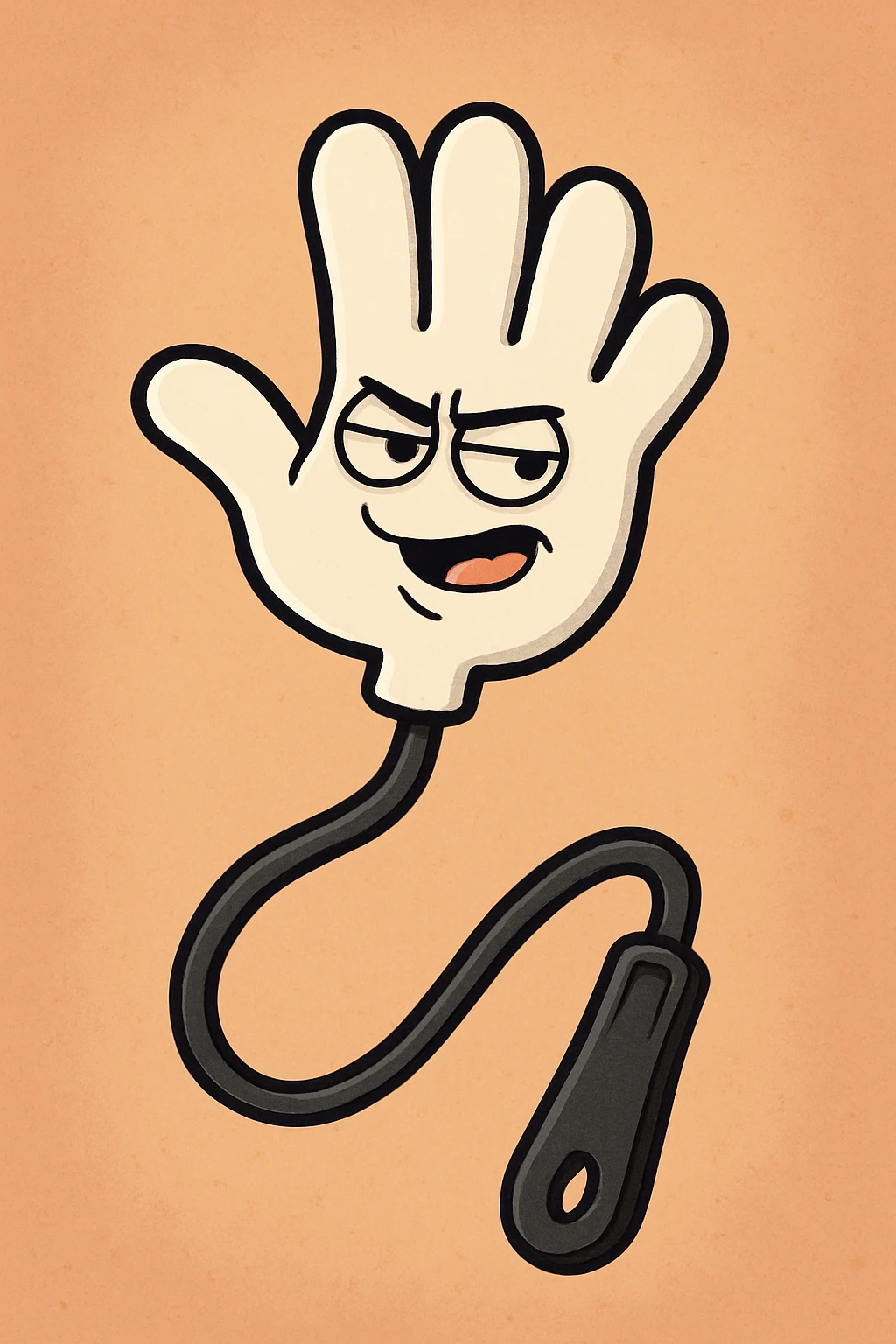 cartoon style plastic slap hand, white hand, black handle, thick black outline emoji