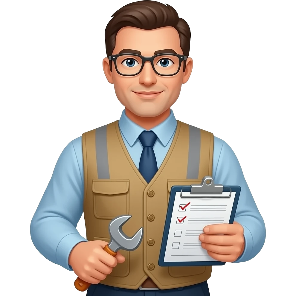 facilities manager, wearing long sleeves with vest with tools and checklist emoji