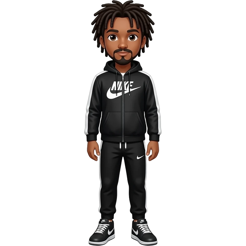 A tall black teenager boy with dreads and mustache whole body with black and white Nike techcloths and Nike shoes emoji