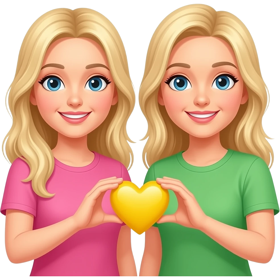 Foto de 2  rubias cogiendo un corazon amarillo con las manos la de la izquierda con una camiseta rosa y la otra con una camiseta verde emoji