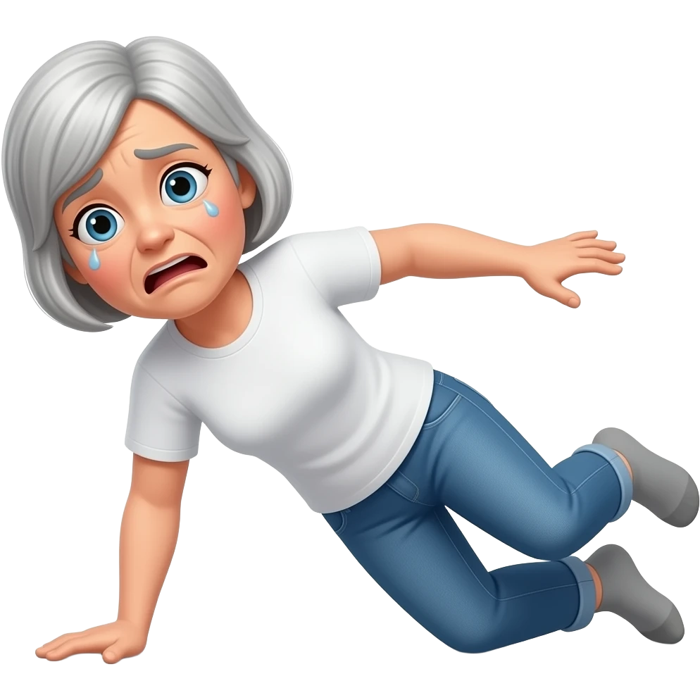 The whole body of an elderly woman with short hair wearing jeans and a t-shirt and socks with the look of painful surprise who fell to the floor on her left side emoji