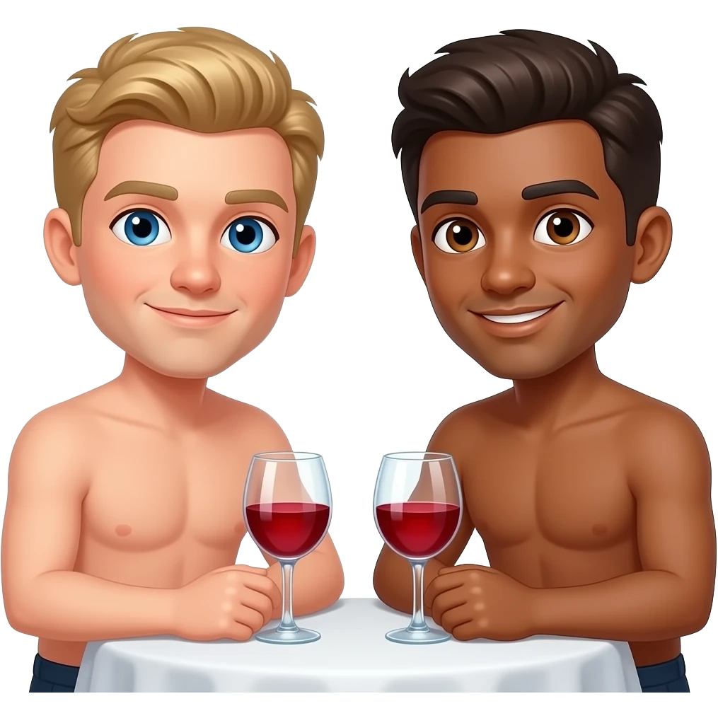 Make a gay couple on a Date , one has light Skin with Blond Hair and Blue Eyes, the other one has slightly brown skin witz dark Brown Hair and Brown Eyes. They are naked. emoji