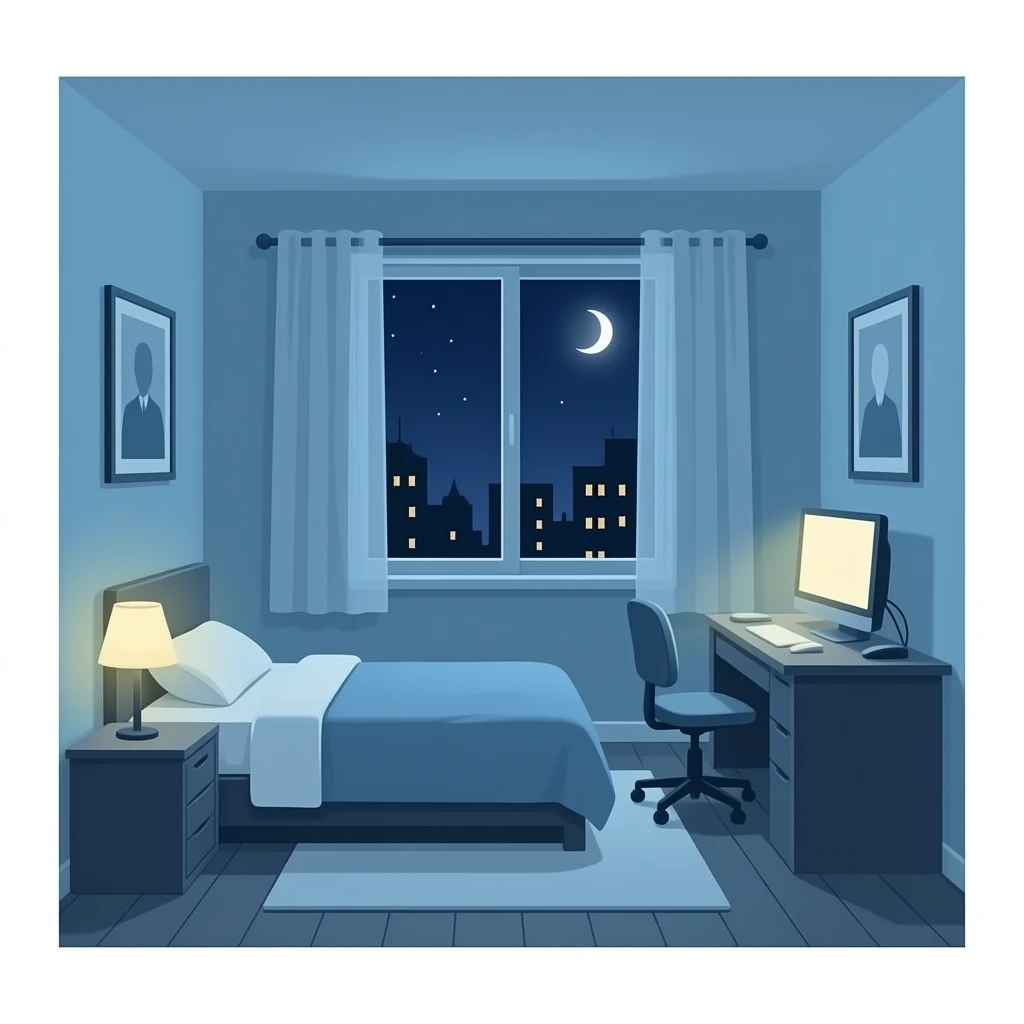 dentro de la habitacion con cama, escritorio... emoji