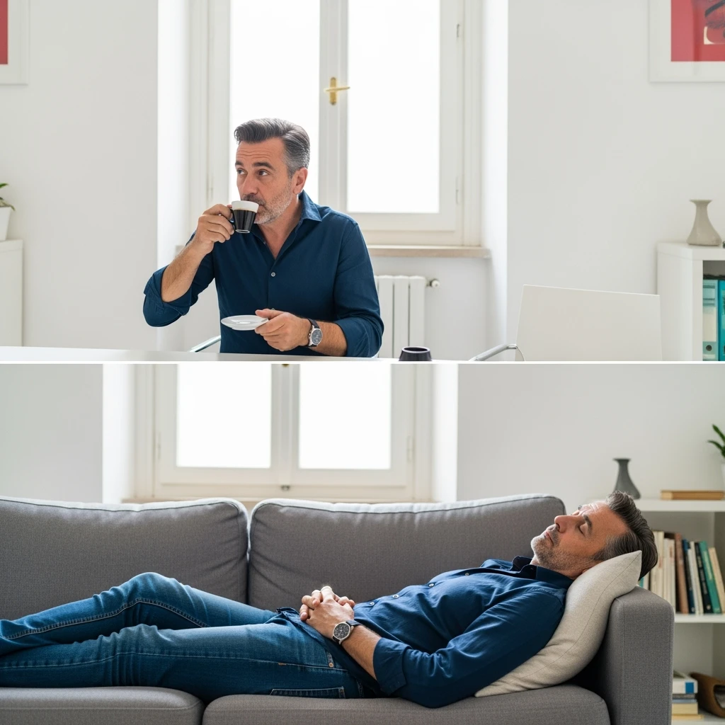 Uomo adulto in abiti casual in un ambiente domestico o ufficio tranquillo, mentre beve un caffè espresso con espressione consapevole. Subito dopo, si sdraia su un divano per un breve riposo di 20 minuti, occhi chiusi, posizione rilassata.  emoji