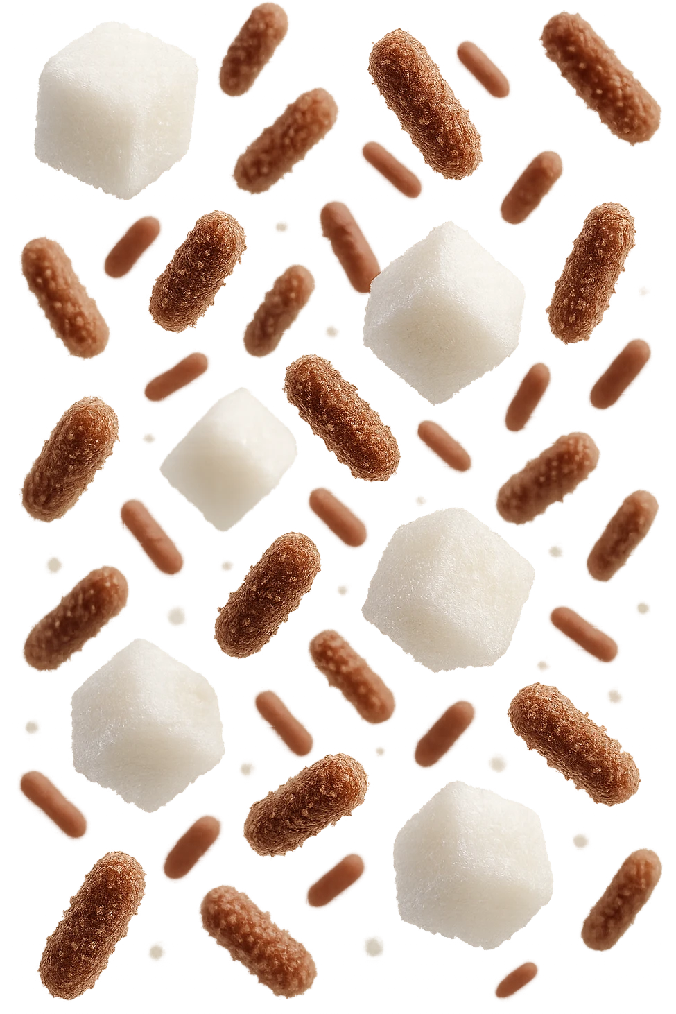 ZOLLETTE DI ZUCCHERO FLUTTUANO IN ARIA INSIEME A BATTERI INTESTINALI REALISTICI
IPERREALISTICO 4K, SFONDO BIANCO emoji