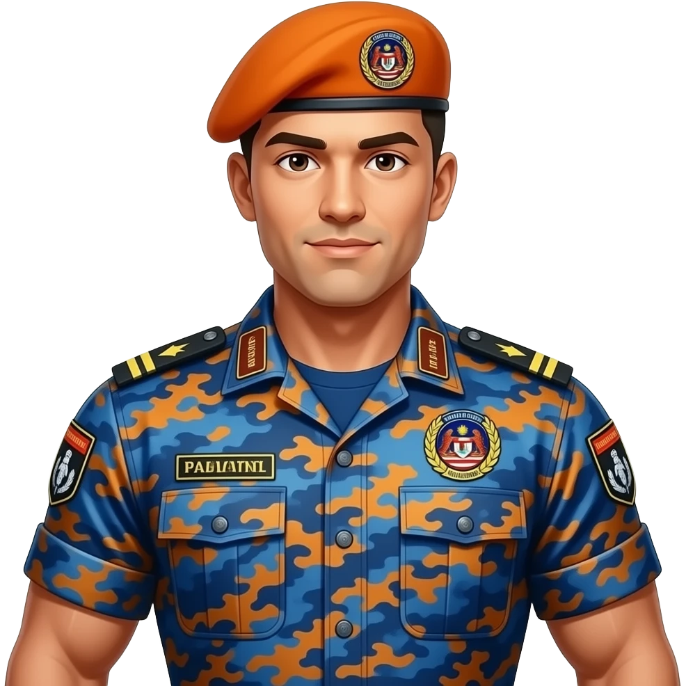A shredded muscular fit men, wearing a blue & orange digital operational uniform, with an orange beret, with Malaysia Civil Defense Force logo emoji