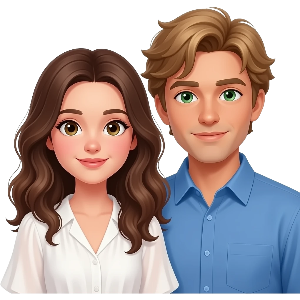 a girl with wavy long hair brown hair with middle part with dark brown eyes wearing a white flowy blouse and a guy with oval face slightly tan small green eyes and blond-brown shaggy hair wearing blue collar shirt and they are both in love emoji