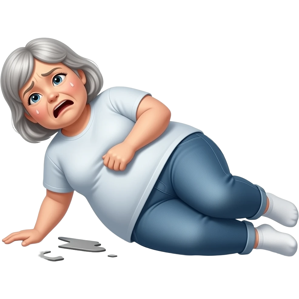 The whole body of an obese elderly woman with short hair wearing jeans and a t-shirt and socks with the look of painful surprise who fell to the floor on her left side emoji
