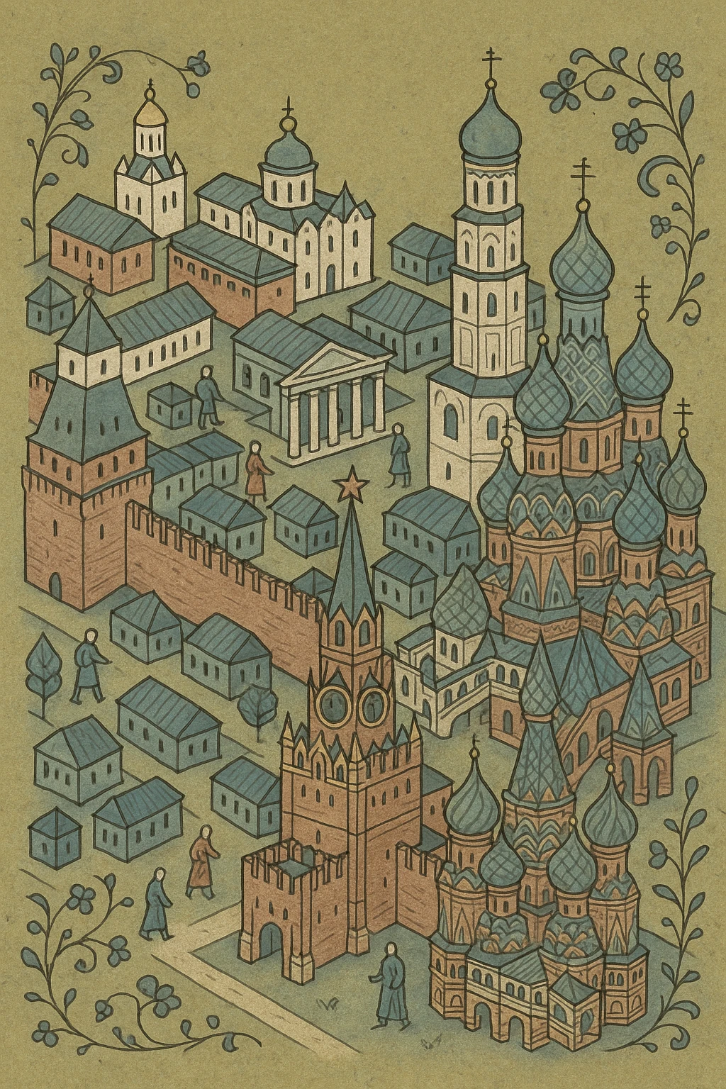 Isometric miniature 3D city with iconic landmarks of Moscow, colorful stylized buildings, cartoon realism emoji