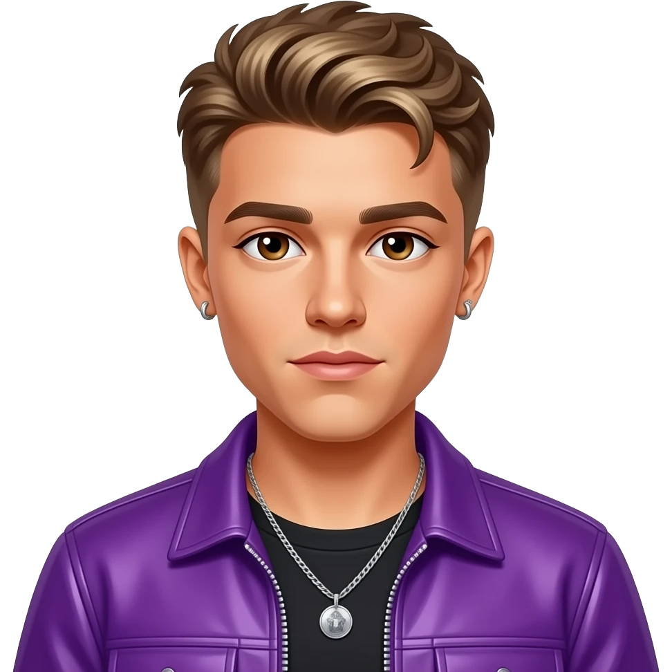 Justin Bieber with brown eyes, dark blonde hair, purple pop idol outfit, necklace and earrings emoji