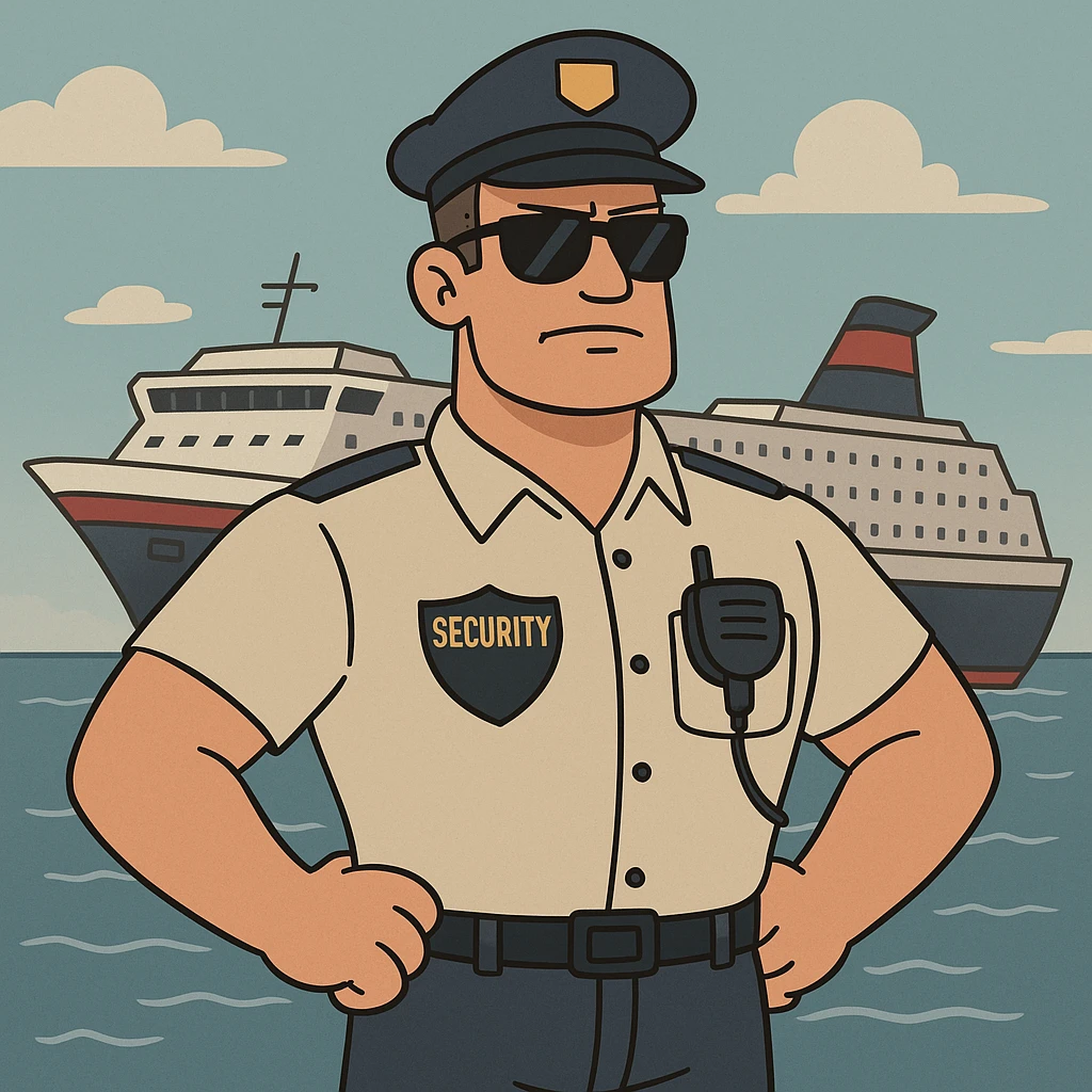 a ship security guard wearing sunglasses, standing confidently, uniformed, with a ship in the background, modern cartoon style emoji