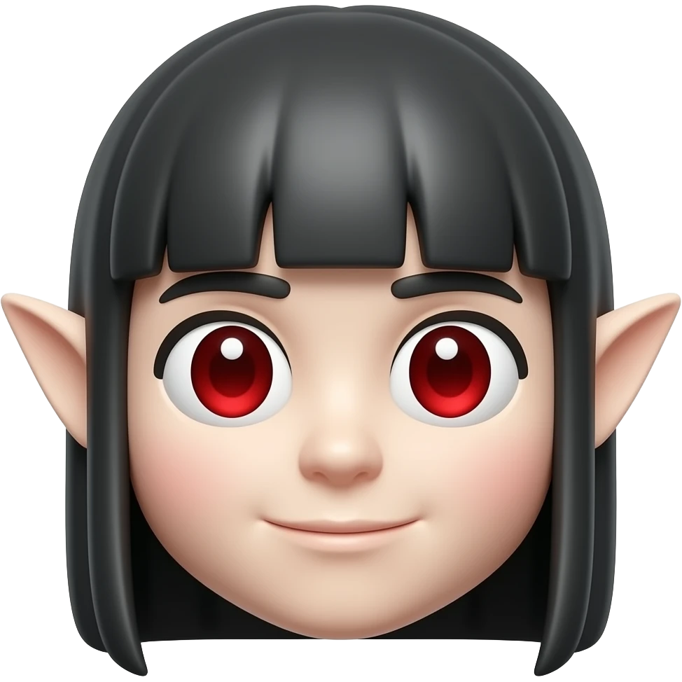카툰 입체 이모티콘.흰 피부. 붉은 동공. 살색 날카로운 귀. 큰 눈. 새하얀 피부. 붉은 홍조. 검정 긴생머리. emoji